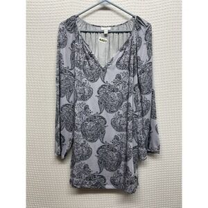 J. Jill Boho Paisley Peasant Blouse Womens XL Gray Long Slv Split Neck Tunic Top